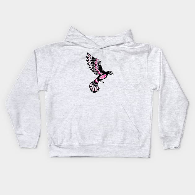 Pink and Black Haida Spirit Flying Bird Kids Hoodie by jeffbartels